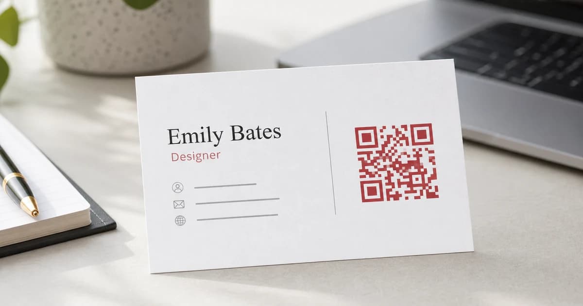 Professional business card with a red QR code on an office desk
