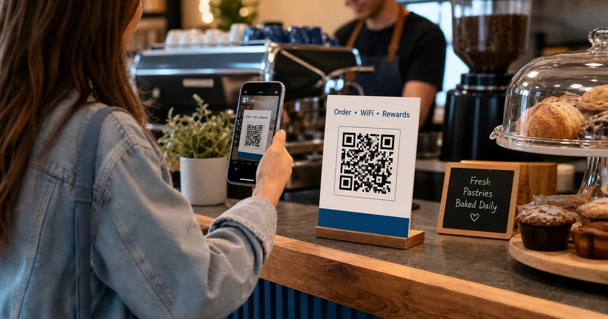 Customer scanning a QR code sign at a cafe counter
