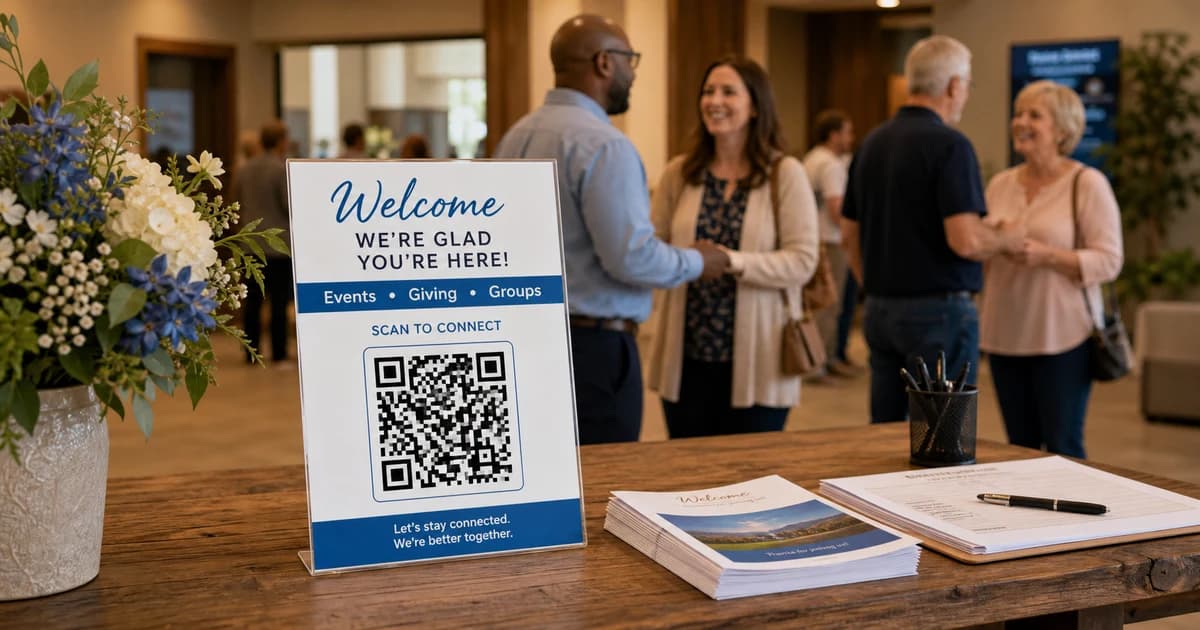 Church welcome table with a QR code sign for events giving and groups