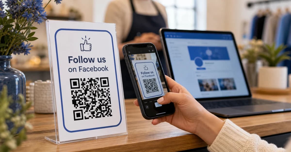 Customer scanning a Facebook QR code sign at a small business counter