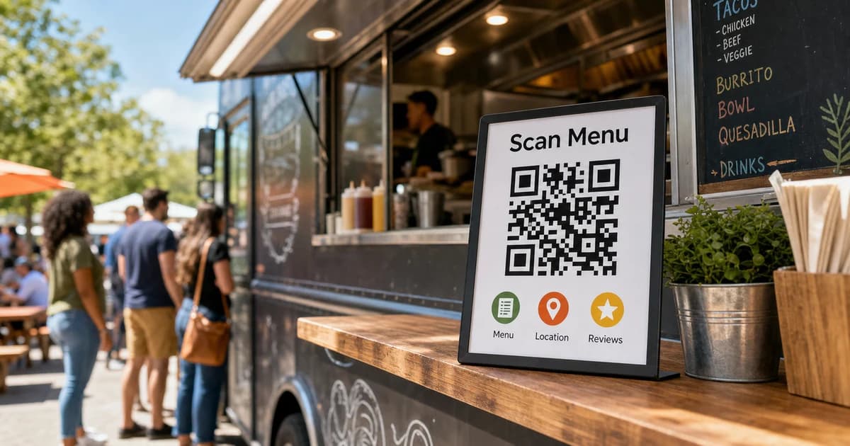 QR code menu sign on a food truck service counter