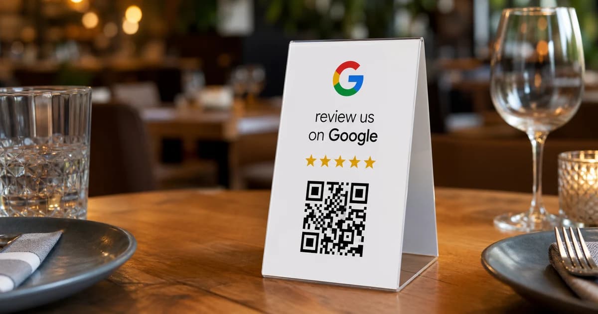 Google review QR code table sign on a restaurant desk