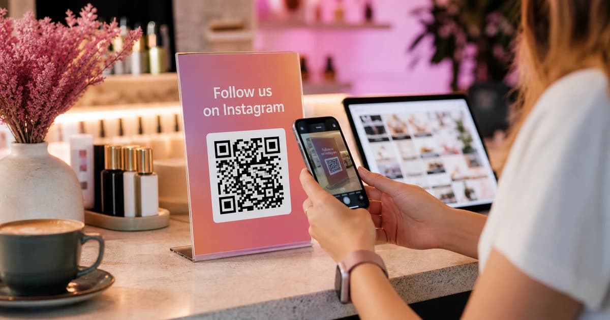 Customer scanning an Instagram QR code sign at a cafe or boutique counter