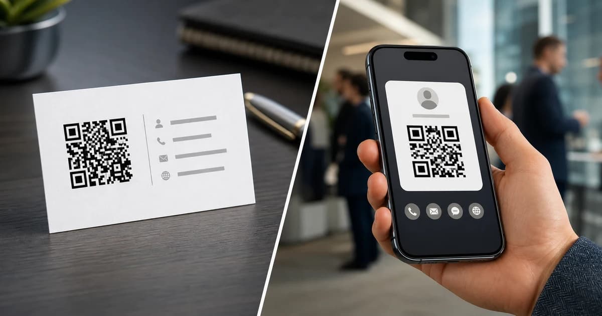 Split image comparing a QR code business card with a phone showing a contact QR code