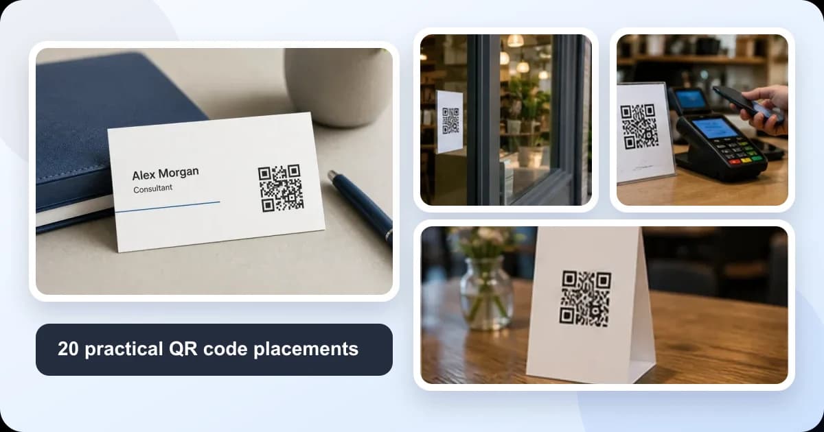 Collage of QR codes placed on business cards, storefronts, checkout counters, and table signs
