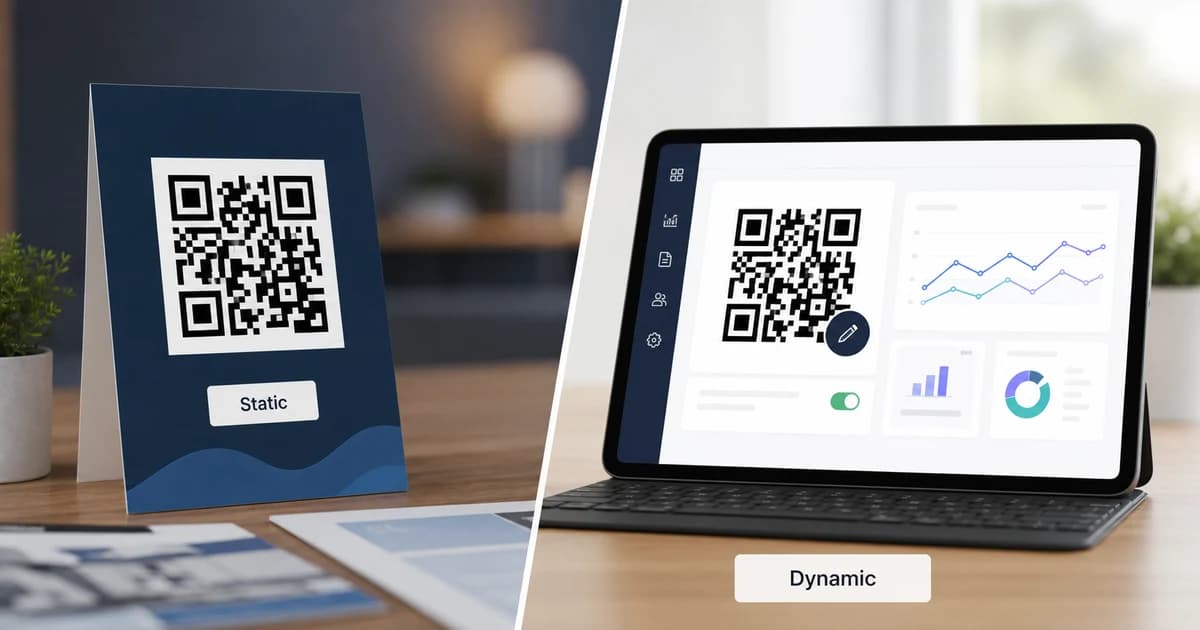 Split image comparing a printed static QR code with a dynamic QR code dashboard