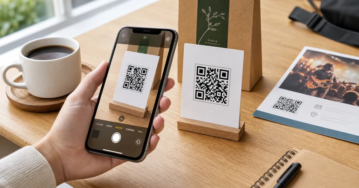 Phone scanning a QR code among everyday printed materials