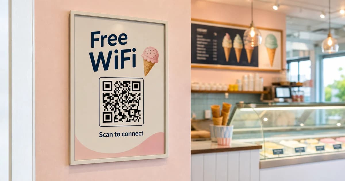 Free WiFi QR code sign on an ice cream shop wall