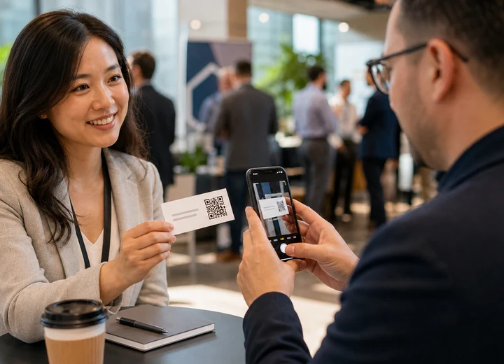 Professional scanning a QR code on a business card during a networking conversation