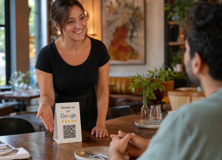 Server smiling while asking a restaurant customer to leave a Google review