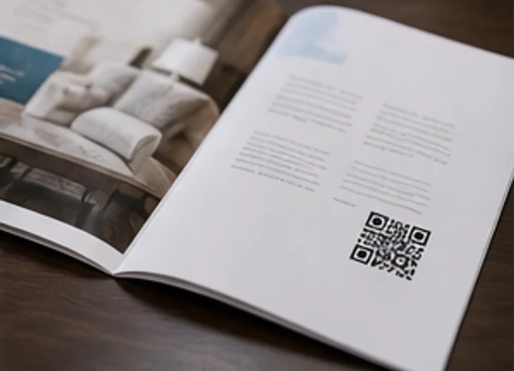 Brochure spread with a QR code in the corner