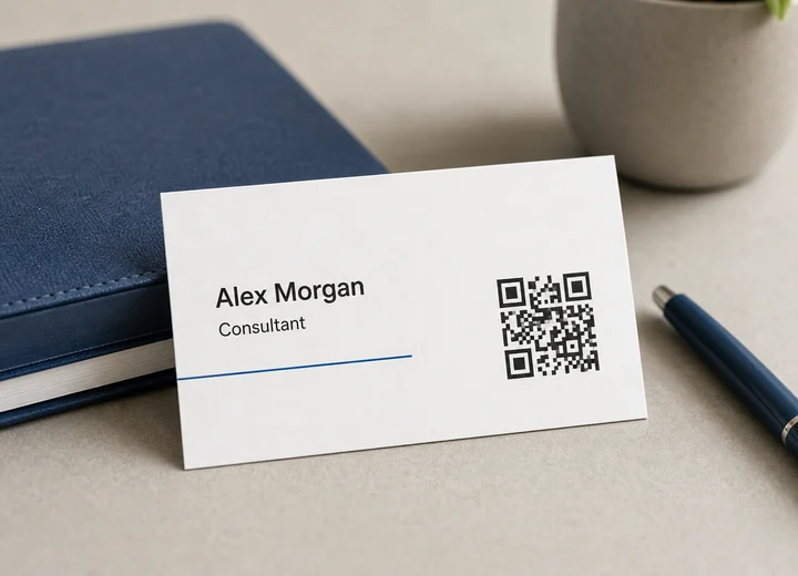 Business card with a QR code on a desk