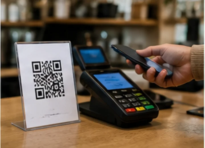 Checkout counter with a QR code review sign near a payment terminal