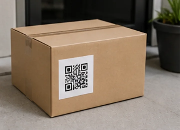 Delivery package with a QR code sticker