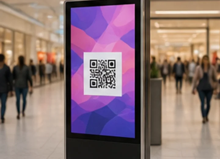 Digital advertising screen with a QR code in a shopping area