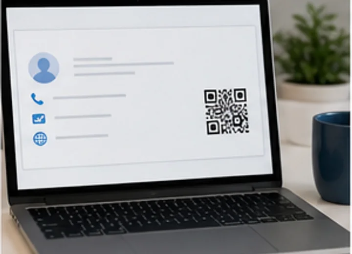 Laptop screen showing a professional email signature with a QR code