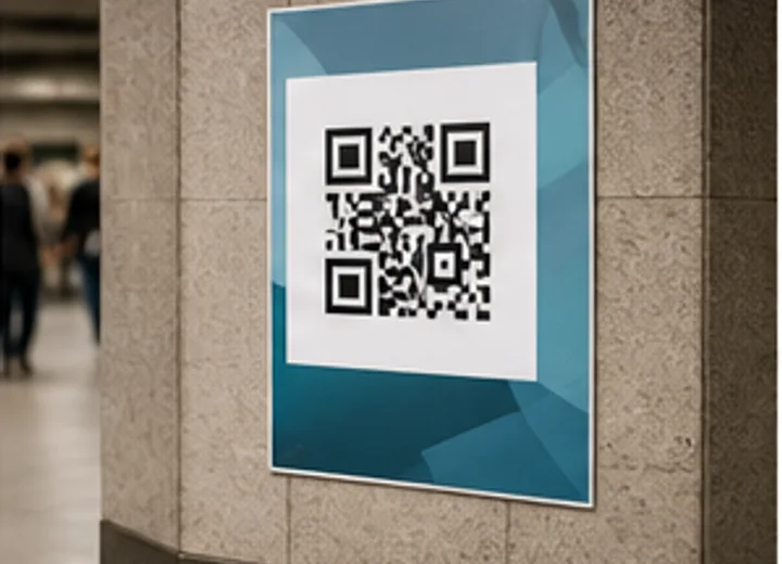 Event poster on a wall with a large QR code