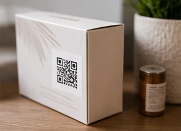 Product packaging box with a QR code on the side label
