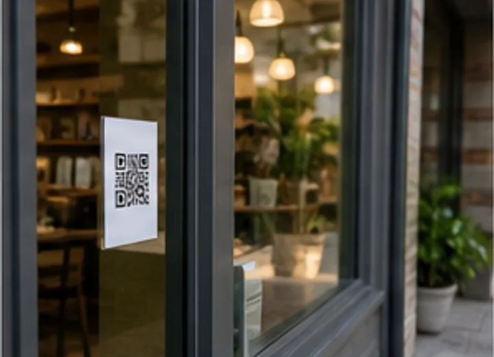 Storefront window with a QR code sticker near the entrance