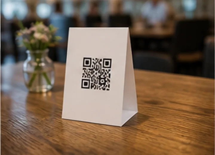 Cafe table tent with a QR code on a wooden table