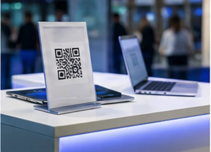 Trade show booth counter with a QR code sign