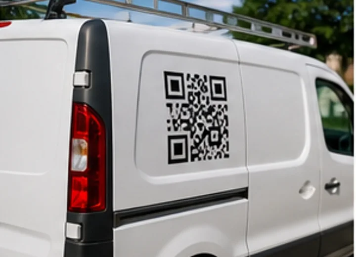 Parked service vehicle with a large QR code decal