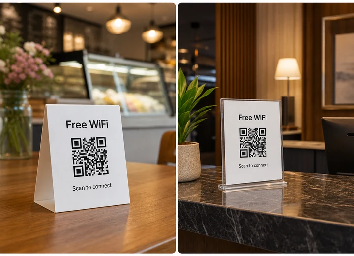 Four practical places to display a WiFi QR code in a cafe, reception, rental room, and office